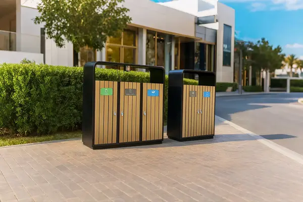 commercial outdoor trash cans with rain hood side-opening and open-top lid options