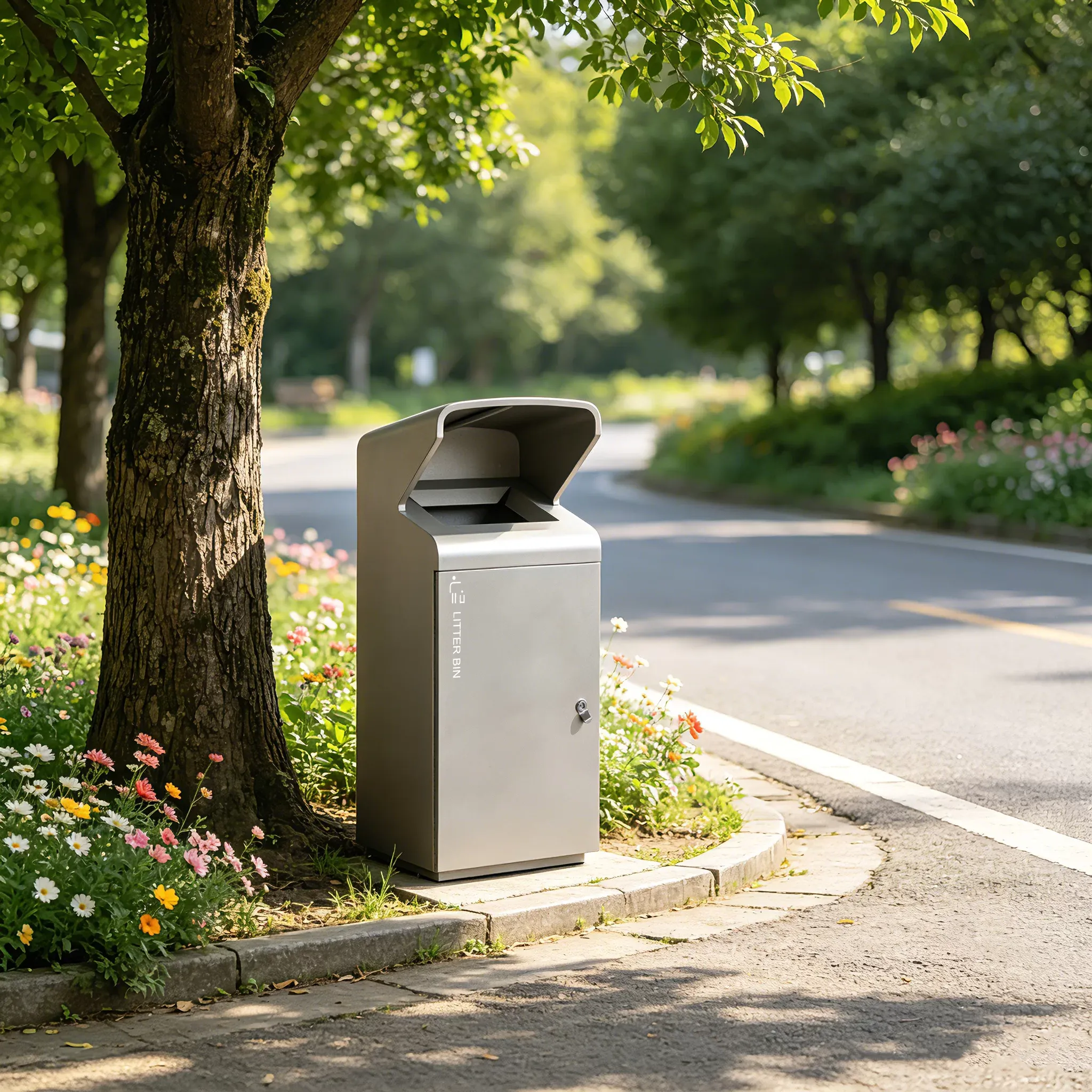 OTB-84 商用垃圾桶位于绿化公园道路旁。webp